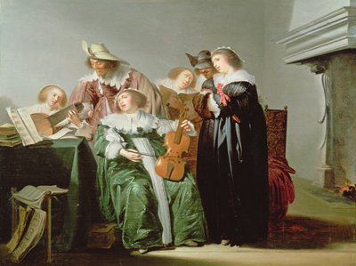 Elegante figuren maken muziek in een interieur door Pieter Codde